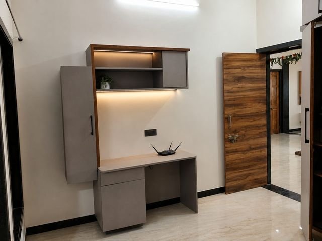 Study and work table with overhead storage